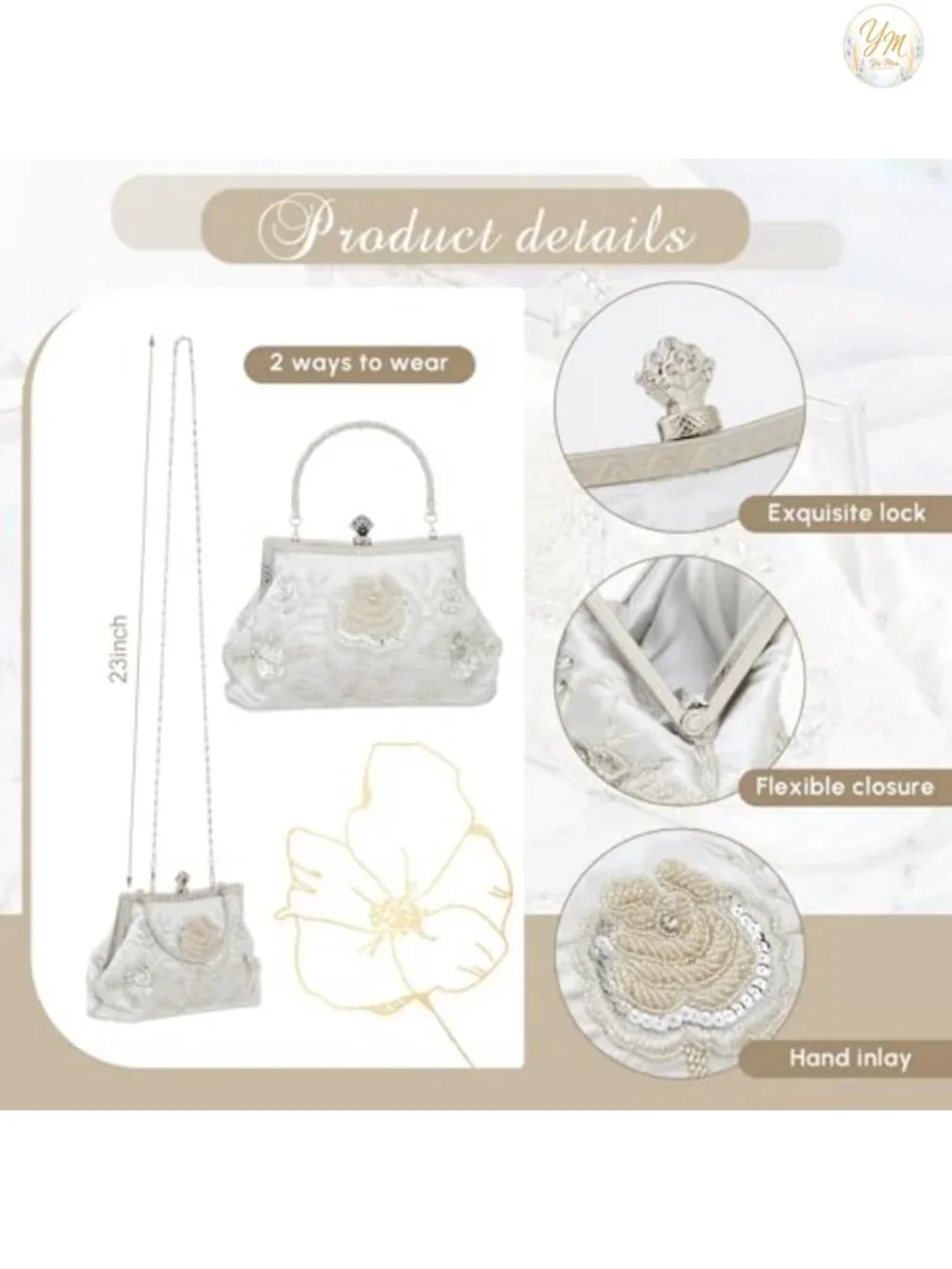 Embroidered Beaded Clutch Evening Bag with Chain